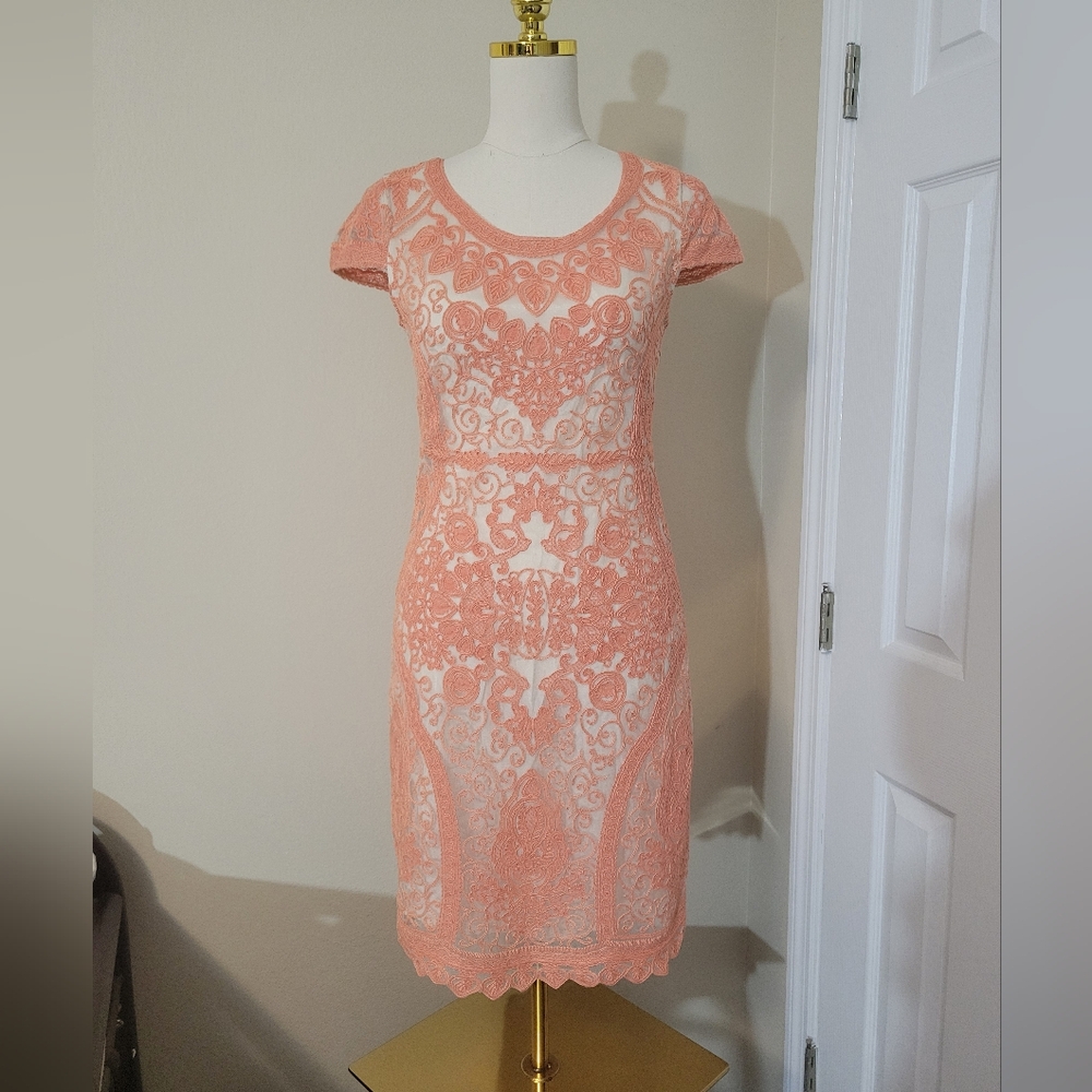 Yoana Baraschi Lace Dress Salmon Pink Peach Anthropolgie 4 Appliqué Shift Fab